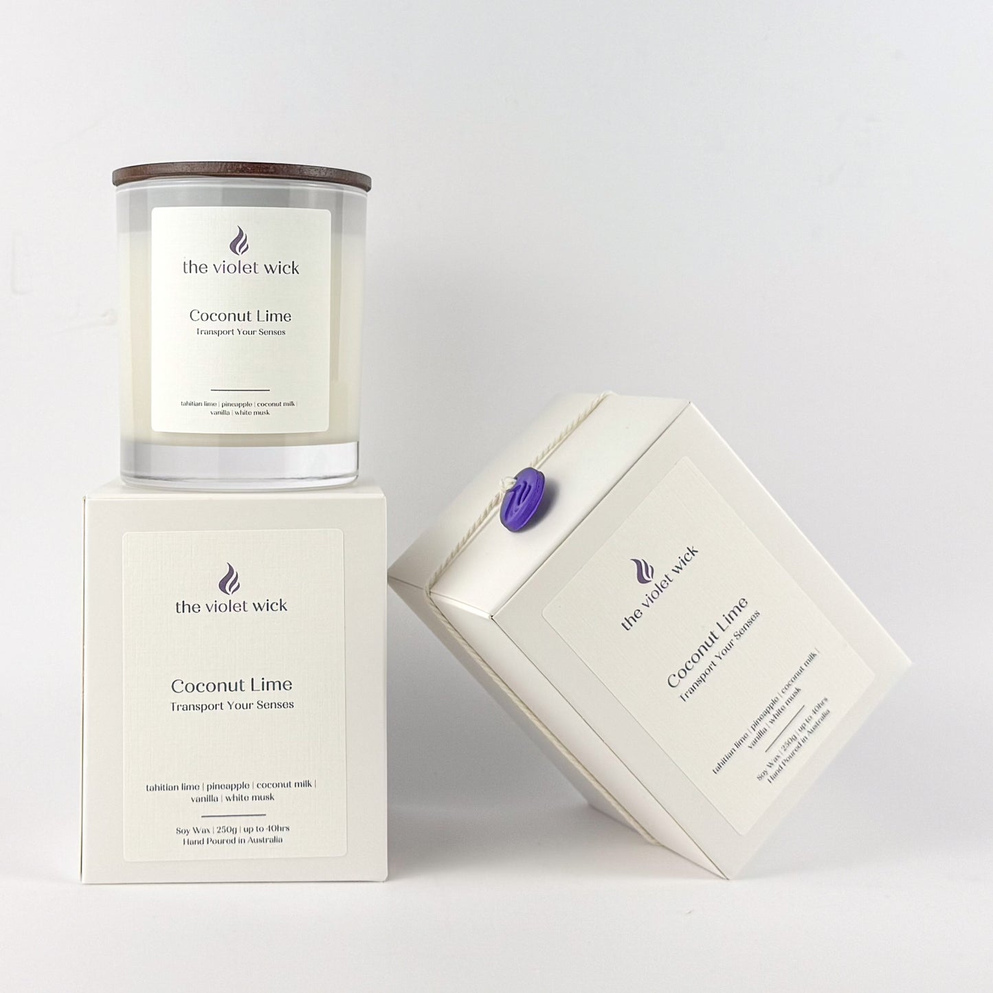 Coconut Lime soy candle by The Violet Wick on a white background