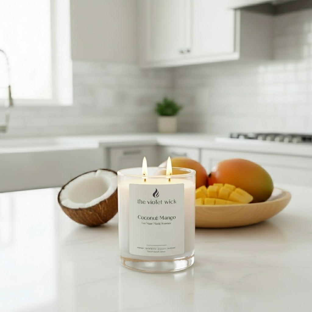 Coconut Mango soy candle in white glass jar and timber lid by The Violet Wick