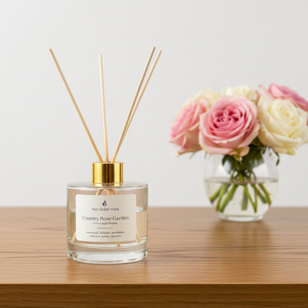 Country Rose Garden Reed Diffuser by The Violet Wick on coffee table with vase of roses.