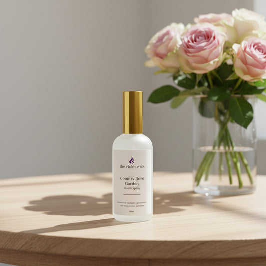 Bottle of 'Country Rose Garden' room spray on table with vase of pink roses.