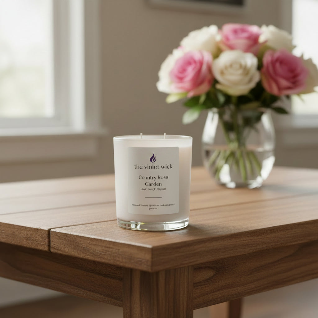 Country Rose Garden scented candle on a timber coffee table and a vase of pink and white roses in background