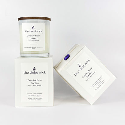 Country Rose Garden soy candle  on white background.