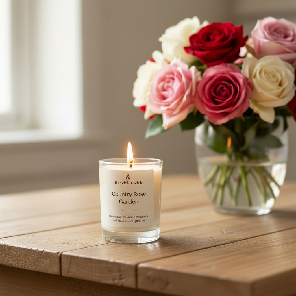 Country Rose Petite Soy Candle by The Violet Wick on coffee table wiith vase of roses.