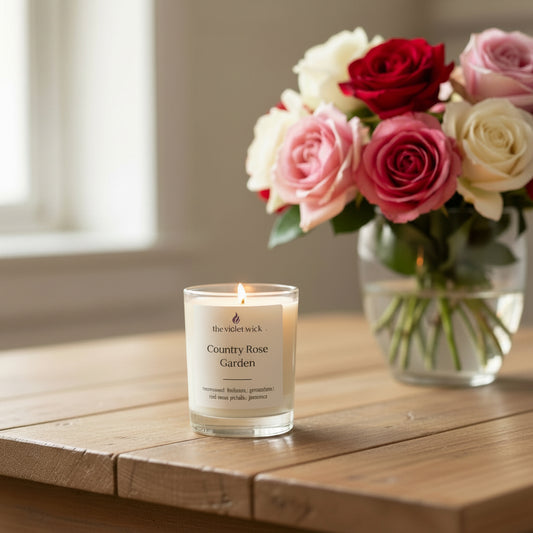 Country Rose Petite Soy Candle by The Violet Wick on coffee table wiith vase of roses.