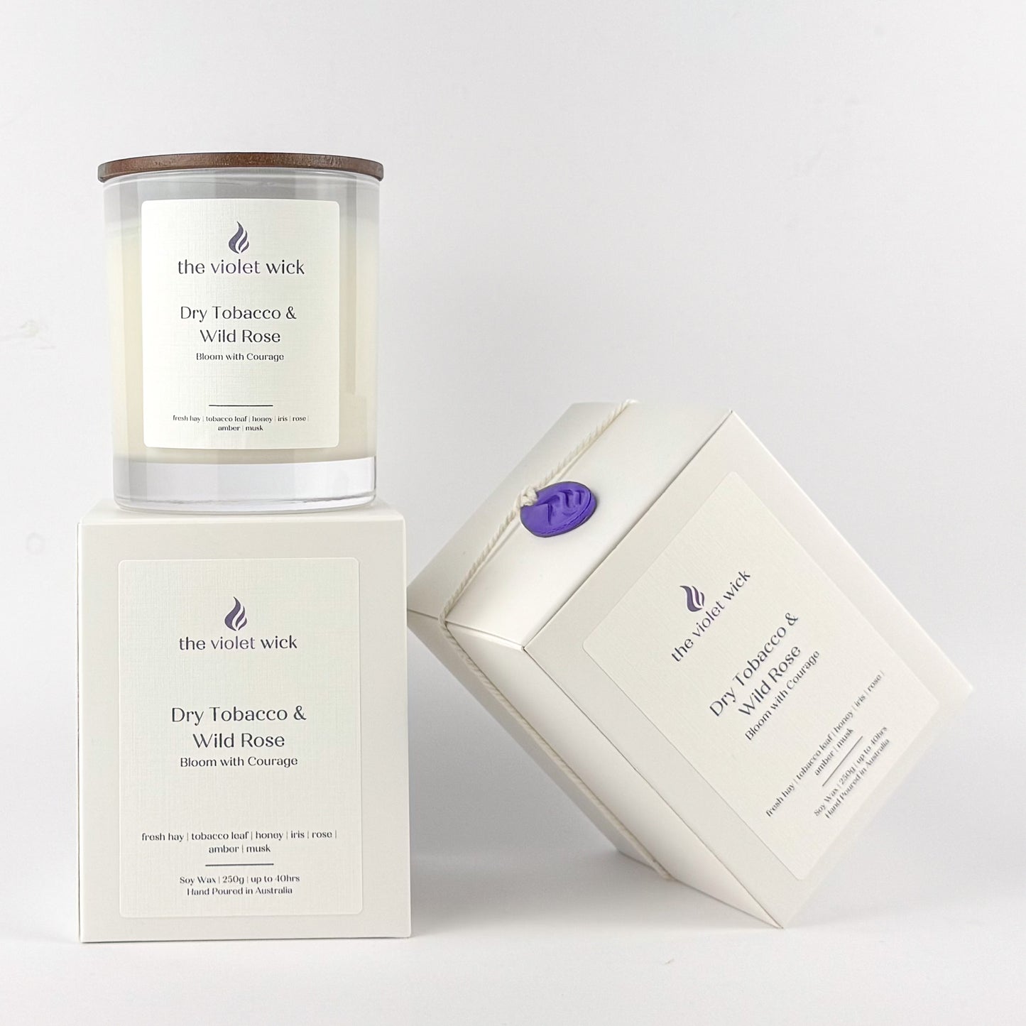 Dry Tobacco & Wild Rose soy candle from The Violet Wick on white background