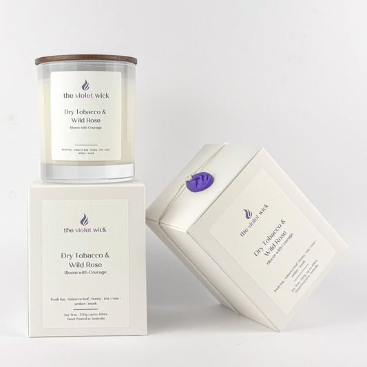 Dry Tobacco & Wild Rose soy candle from The Violet Wick on white background