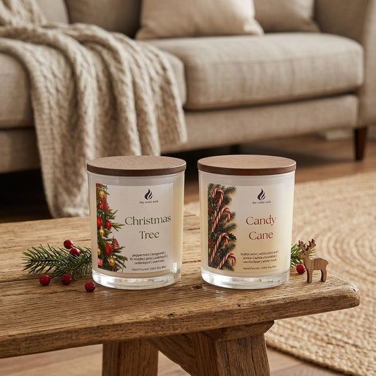 Duo Christmas Candle Bundle by The Violet Wick, placed in living room.