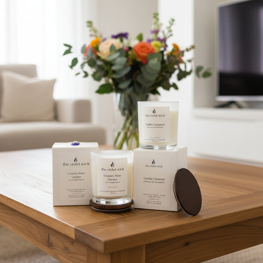 Two candles and boxes with timber lids on timber coffee table and vase of flowers.