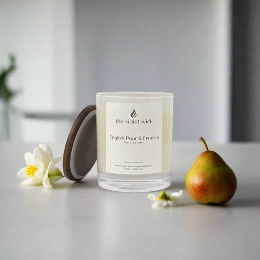 English Pear & Freesia Soy Candle | lemon, fresh pear, freesia, patchouli, amber & cedarwood