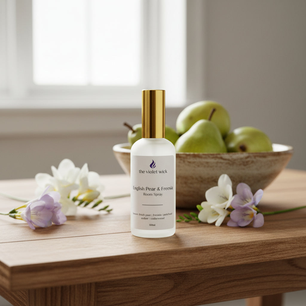 White room spray bottle with gold lid on a wooden table with a bowl of pears and freesia flowers.