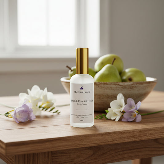 White room spray bottle with gold lid on a wooden table with a bowl of pears and freesia flowers.