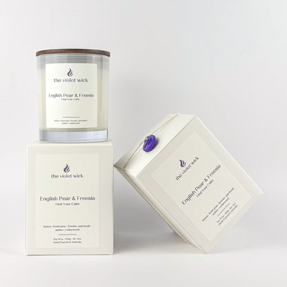 English Pear & Freesia soy candle by The Violet Wick on white background