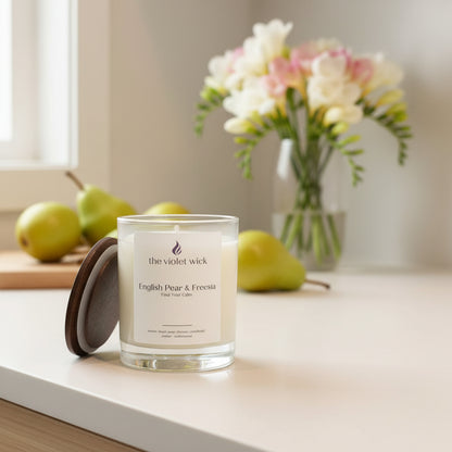 English Pear & Freesia soy candle in white glass jar and timber lid by The Violet Wick