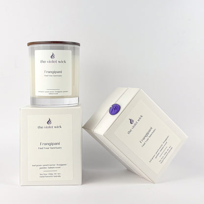 Frangipani soy candle by The Violet Wick on white background