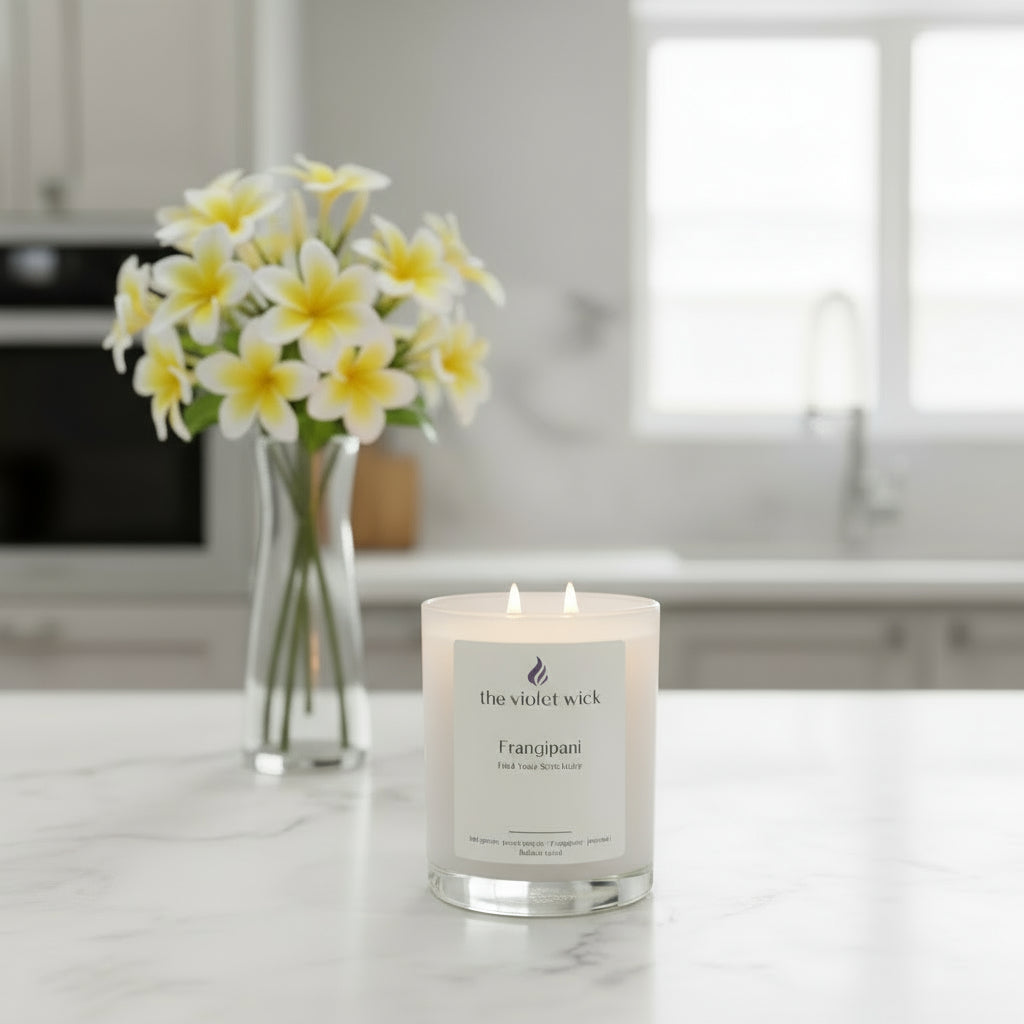 Frangipani Soy Candle | peach nectar, frangipani, jasmine, leaf green & balsam wood