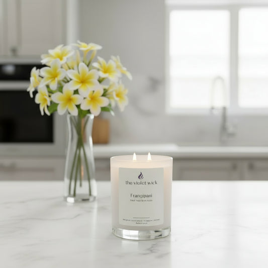 Frangipani Soy Candle | peach nectar, frangipani, jasmine, leaf green & balsam wood