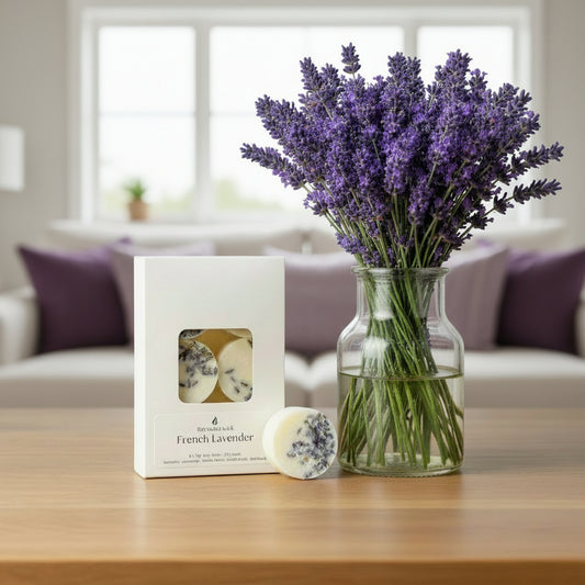 six pack botanical soy wax melts on coffee table with vase of lavender flowers