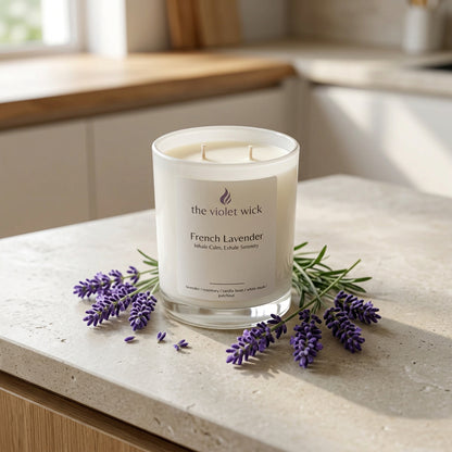 French Lavender Soy Candle by The Violet Wick on kitchen bench with lavender flowers nearby.