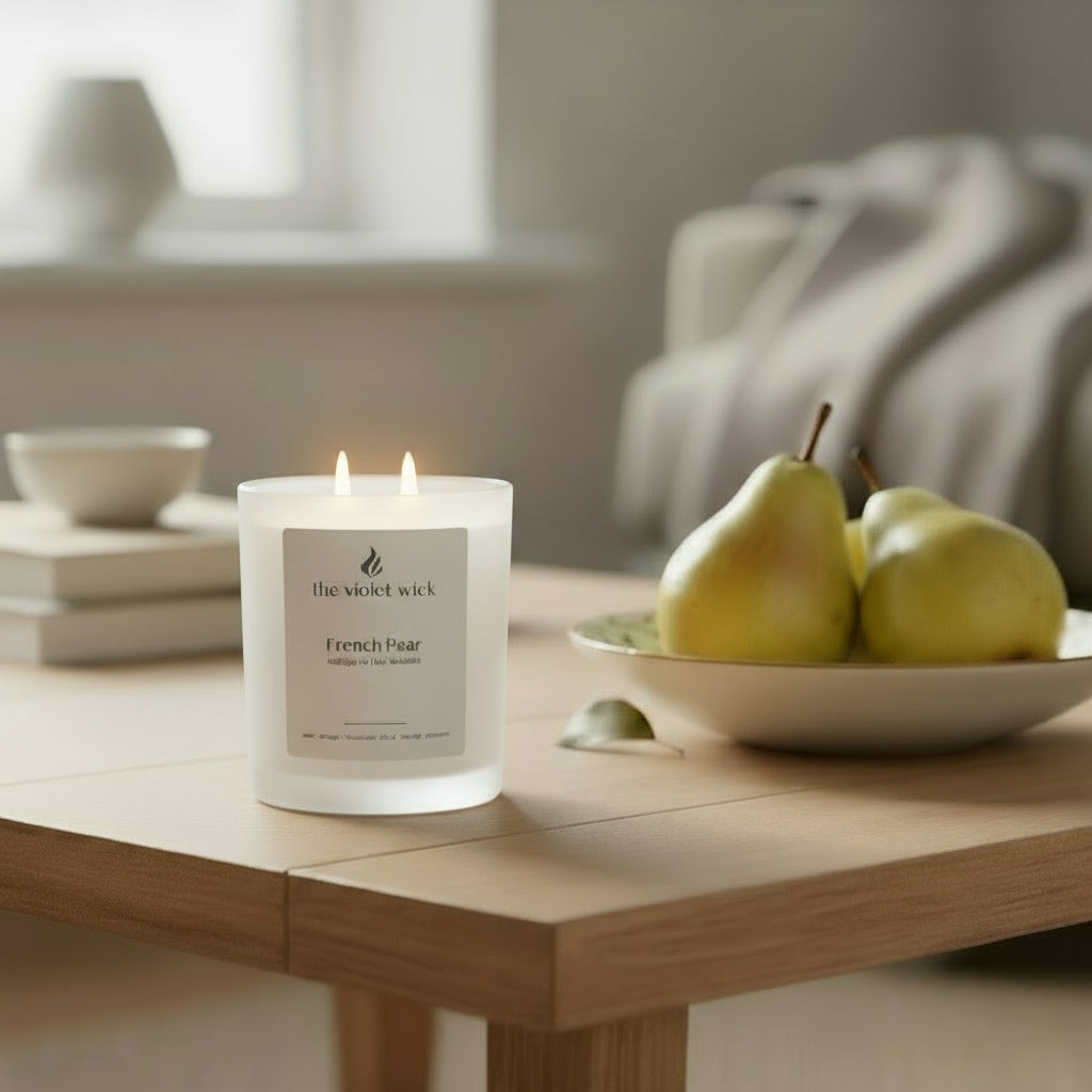 Violet Wick candle labeled 'French Pear' on a light gray background
