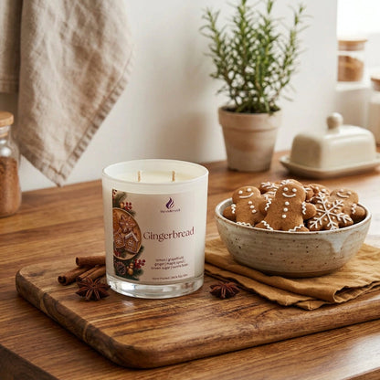Gingerbread Soy Candle by The Violet Wick on a kitchen bench with a bowl of gingerbread cookies nearby.