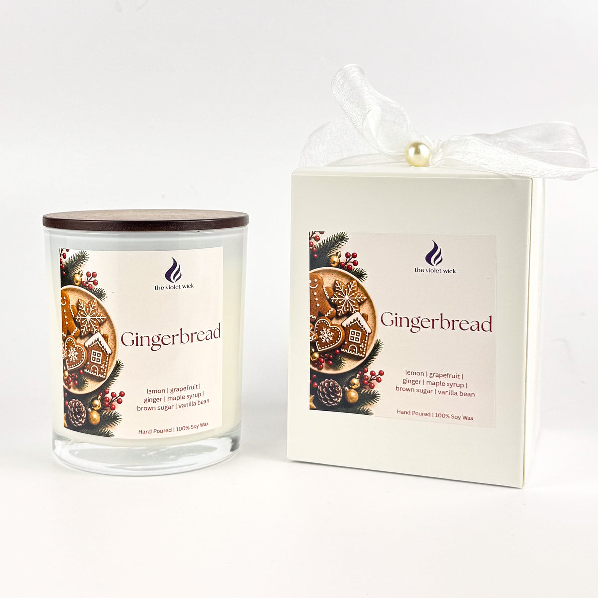 Gingerbread Soy Candle by The Violet Wick with packaging on white background.