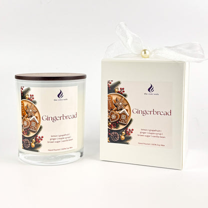 Gingerbread Soy Candle by The Violet Wick with packaging on white background.
