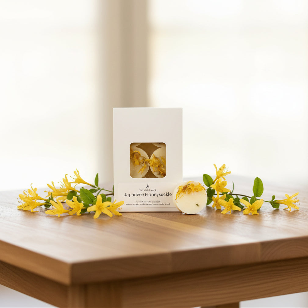 six pack of botanical soy wax melts on wooden table with Japanese Honeysuckle flowers