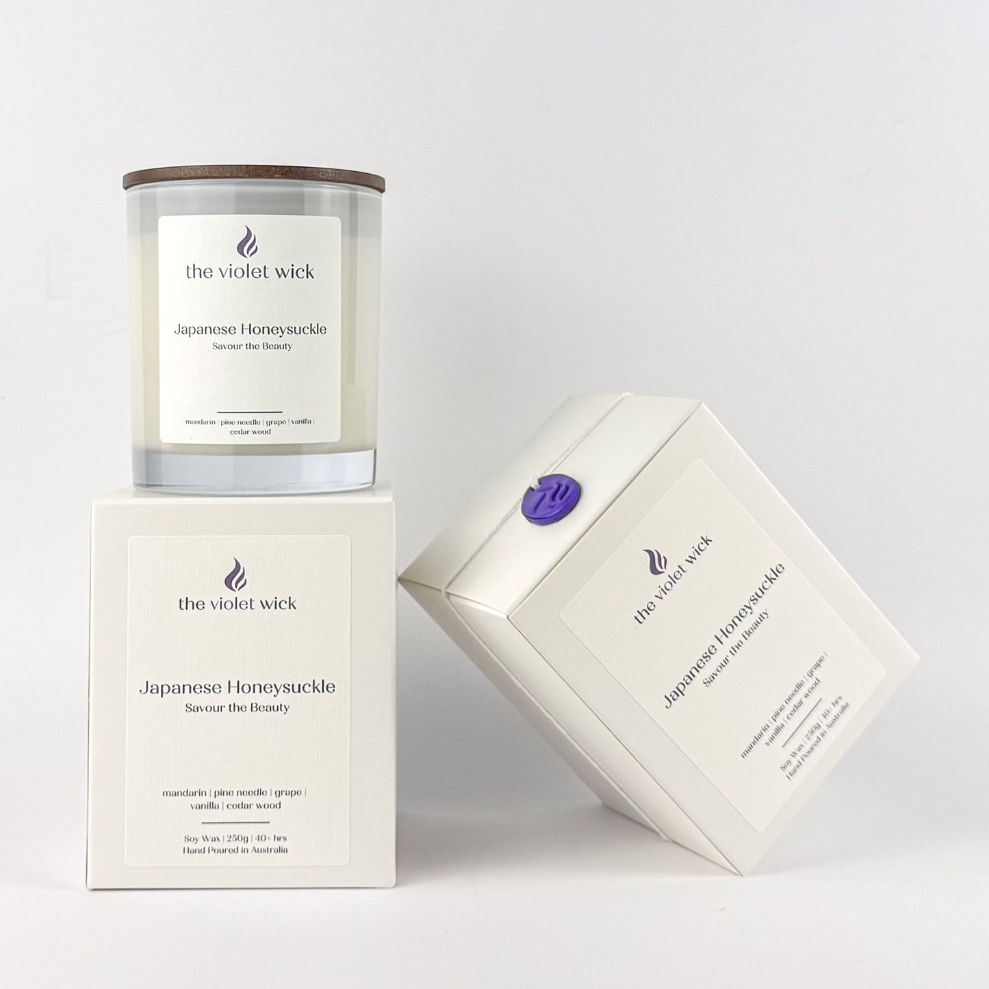 Japanese Honeysuckle soy candle by The Violet Wick on white background