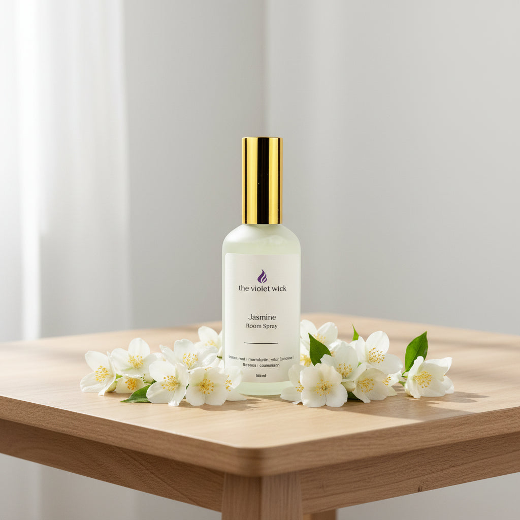 white room spray bottle labeled Jasmine on a coffee table with jasmine flowers