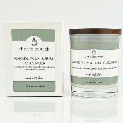 Kakadu Plum & Bush Cucumber scented soy candle from The Violet Wick in glass jar with timber lid, 250g.