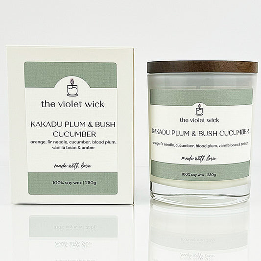 Kakadu Plum & Bush Cucumber scented soy candle from The Violet Wick in glass jar with timber lid, 250g.