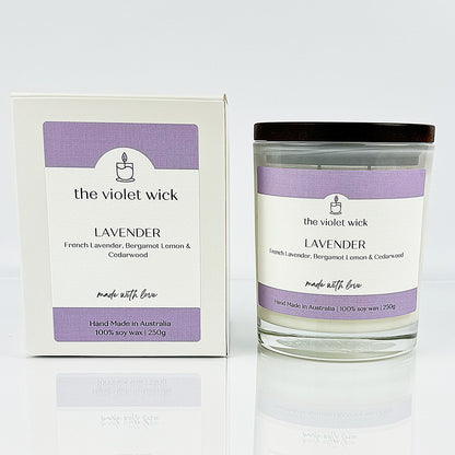 Lavender scented soy candle from The Violet Wick in a glass jar with timber lid, 250g.