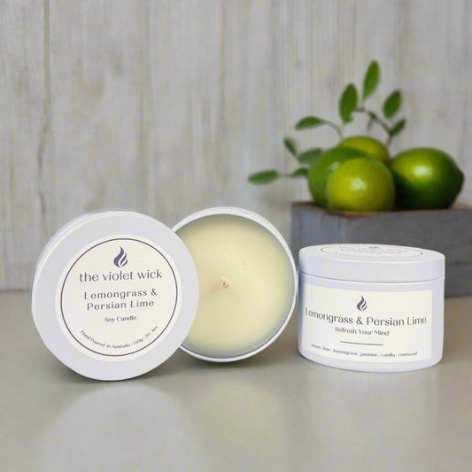 Lemongrass & Perisan Lime candle in white tin from The Violet Wick