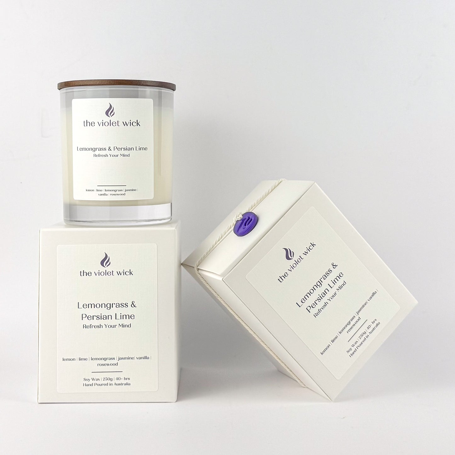 Lemongrass & Persian Lime soy candle by The Violet Wick on white background