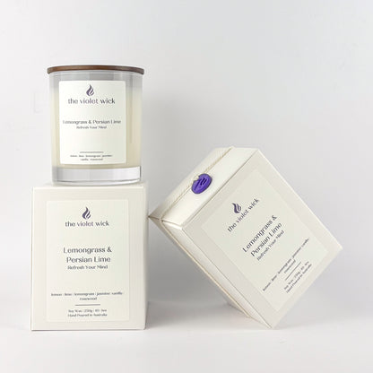 Lemongrass & Persian Lime soy candle by The Violet Wick on white background