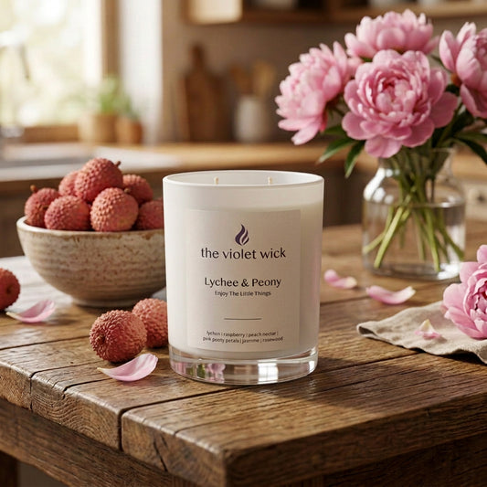 Lychee & Peony Soy Candle by The Violet Wick on kitchen bench with bowl of lychees and vase of peonies in background.