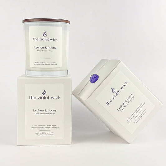 Lychee & Peony Soy Candle | lychee, raspberry, peach nectar, pink peony petals, jasmine & rosewood