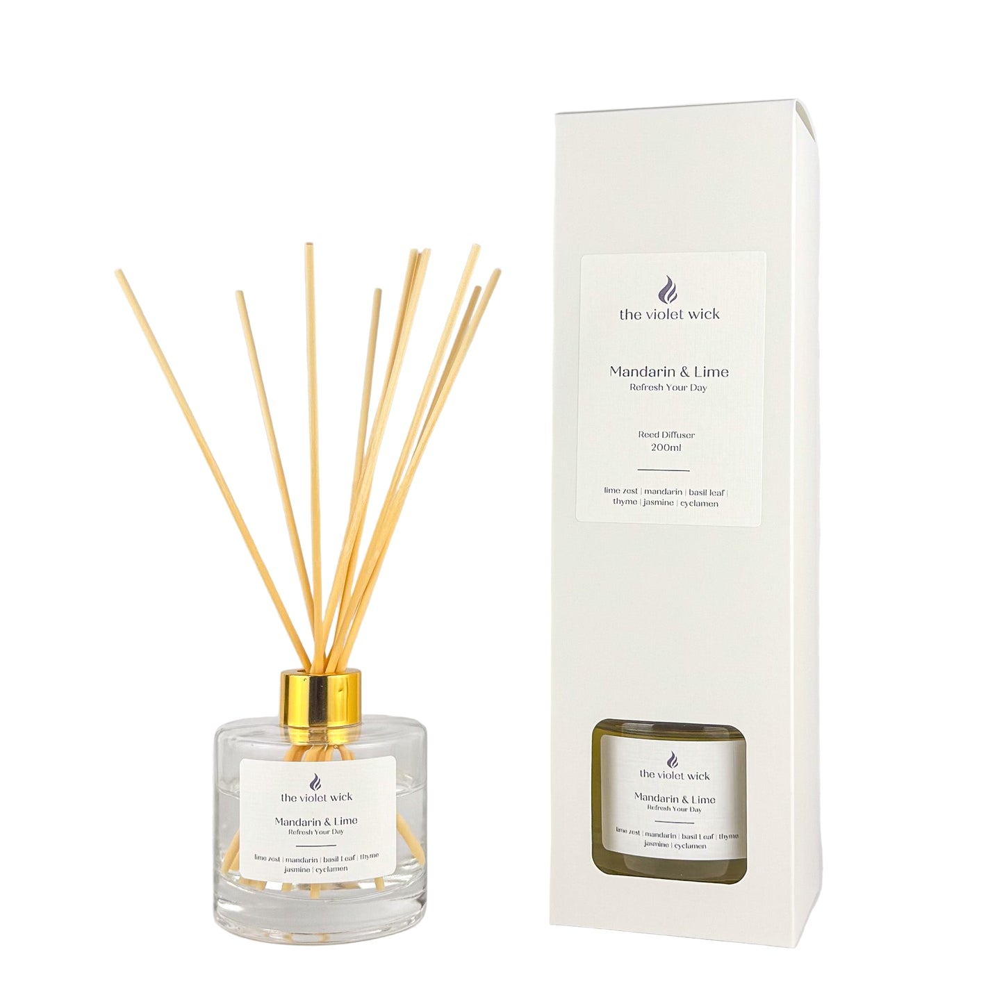 Mandarin & Lime Reed Diffuser in clear glass bottle and gold lid by The Violet Wick