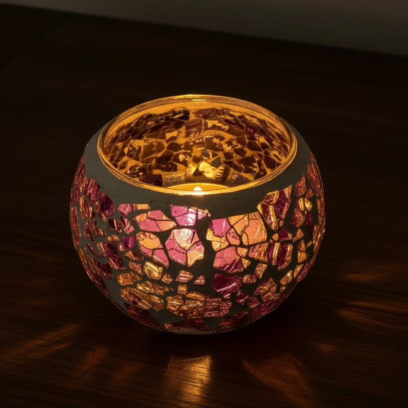 Mosaic candle holder with a lit tealight on a timber table