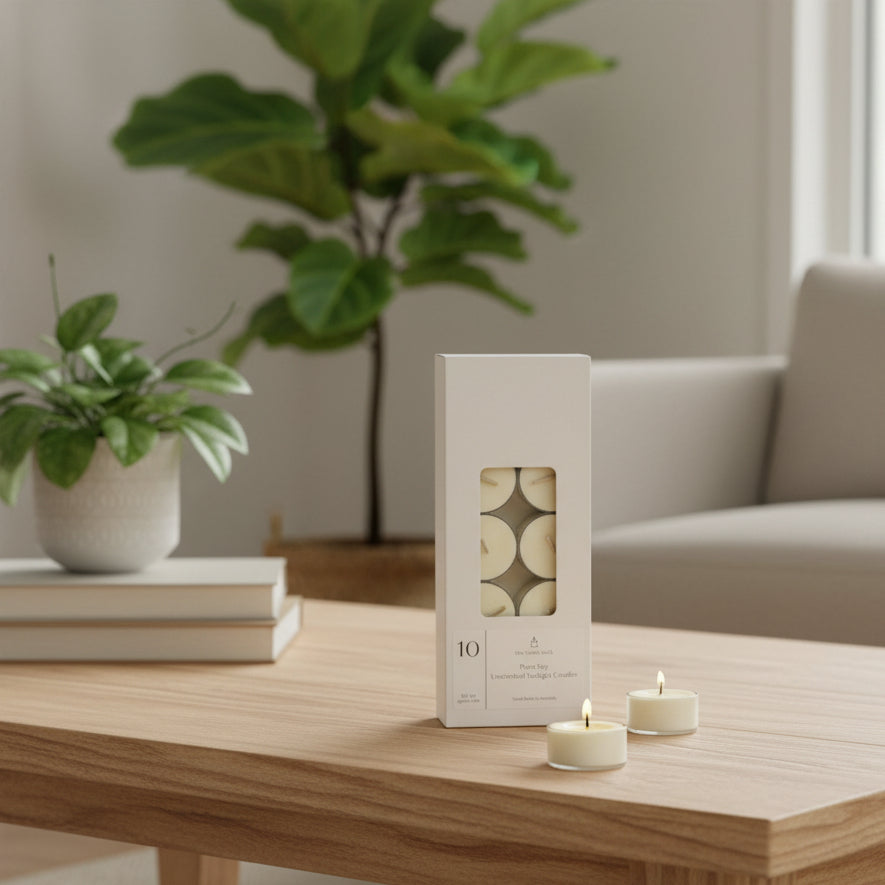 Pack of unscented tealights on coffee table with living room in background