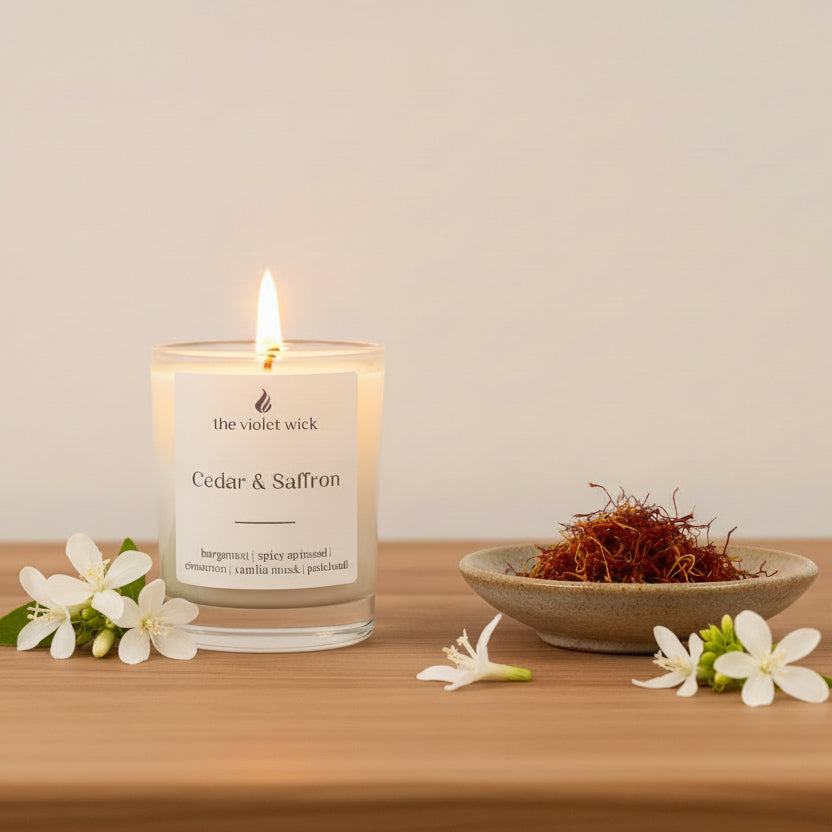 Candle labeled 'Cedar & Saffron' by 'the violet wick' on a wooden surface with a white background