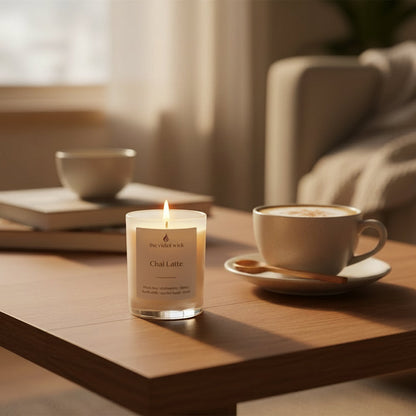 Candle and coffee cup on a wooden table with a cozy living room background