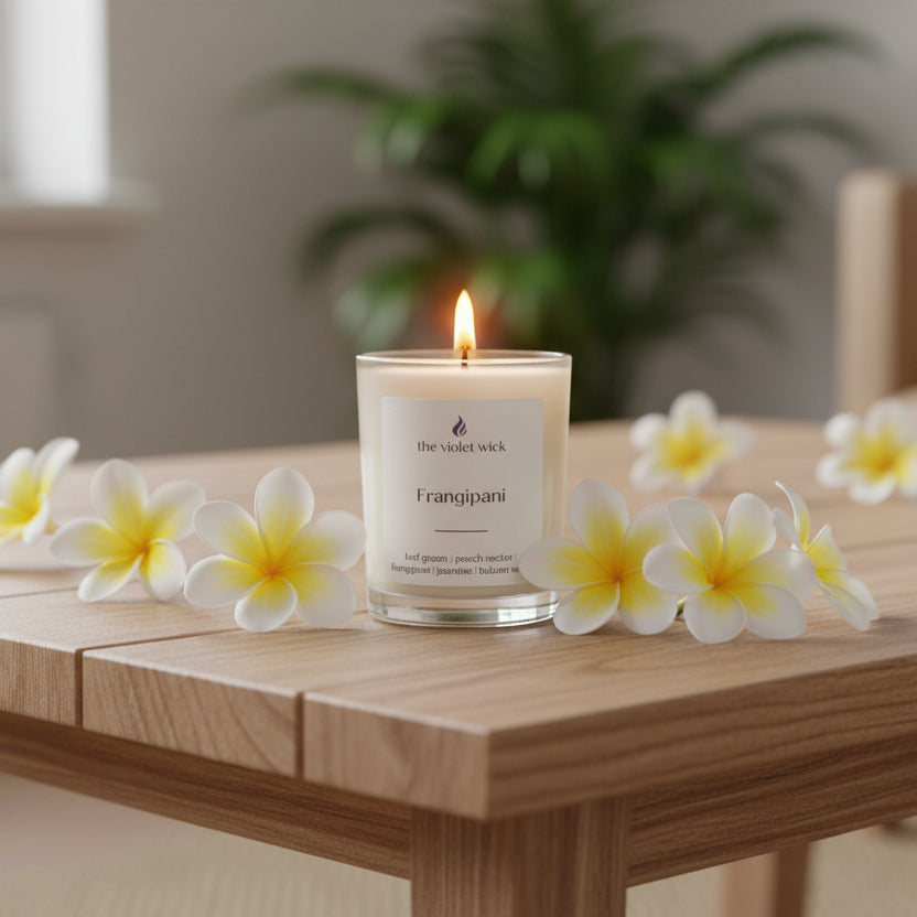 Candle with 'Frangipani' label on a coffee table with frangipani flowers.