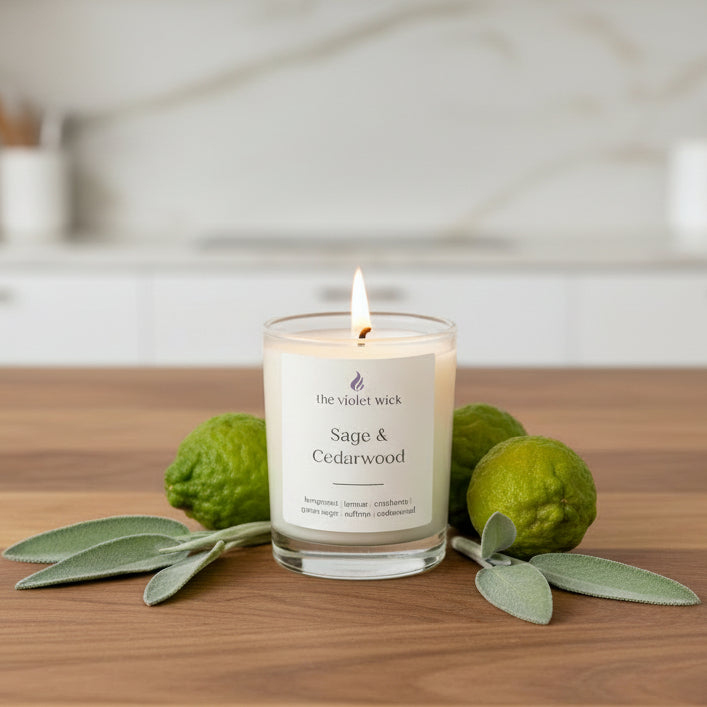 Candle labeled 'Sage & Cedarwood' on a cedar kitchen bench with sage leaves and bergamot.