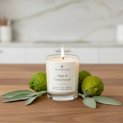 Candle labeled 'Sage & Cedarwood' on a cedar kitchen bench with sage leaves and bergamot.