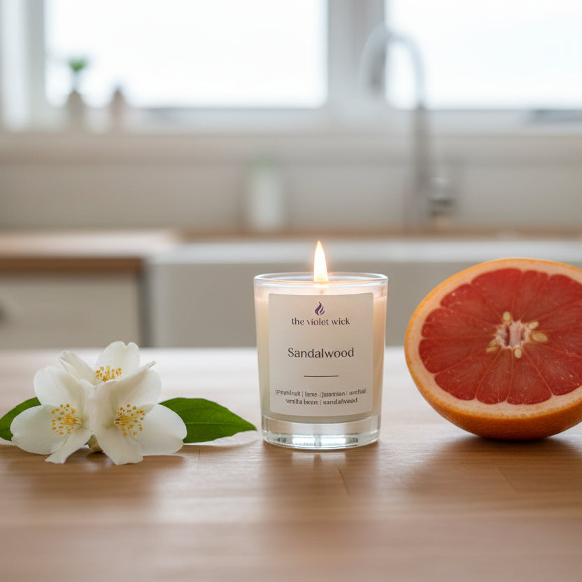 Candle labeled 'Sandalwood' by 'the violet wick' on a sandalwood kitchen bench with jasmine flowers and half a grapefruit.