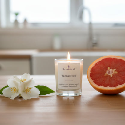 Candle labeled 'Sandalwood' by 'the violet wick' on a sandalwood kitchen bench with jasmine flowers and half a grapefruit.