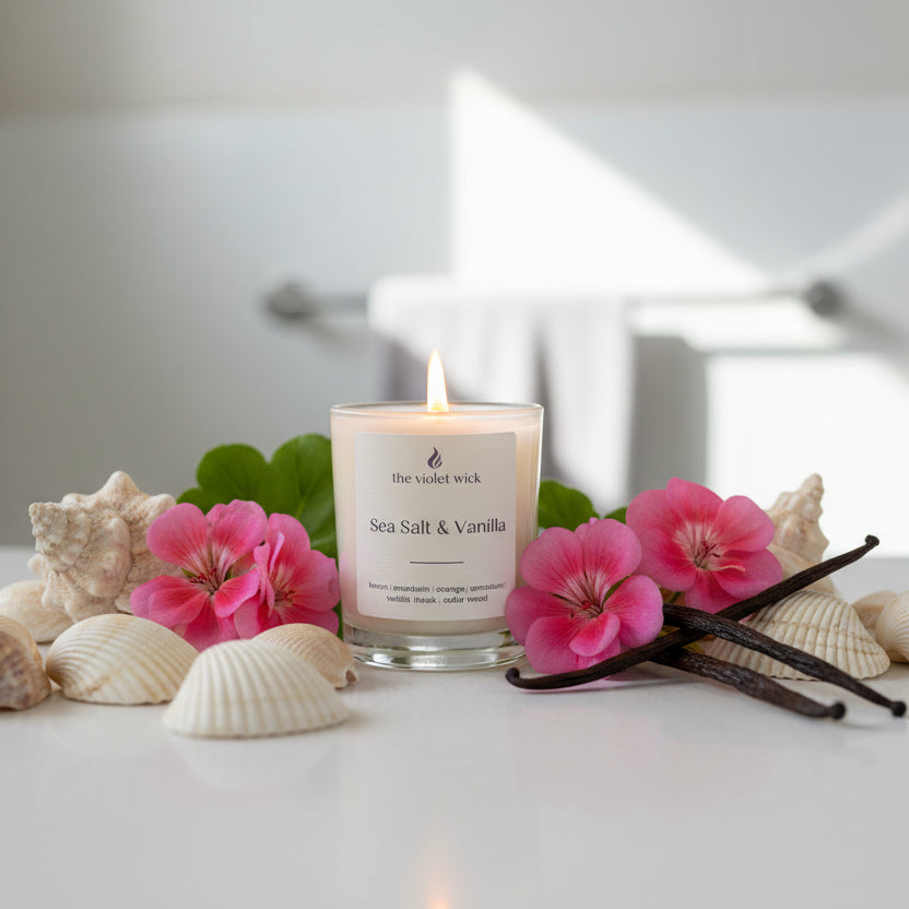 Candle labeled 'Sea Salt & Vanilla' by 'the violet wick' on a white bathroom bench with sea shells, geraniums and vanilla pods.