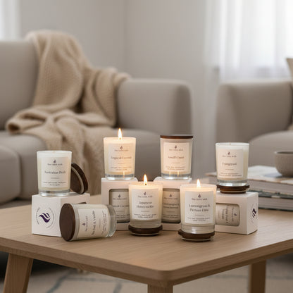 small white candles on coffee table with living room in background