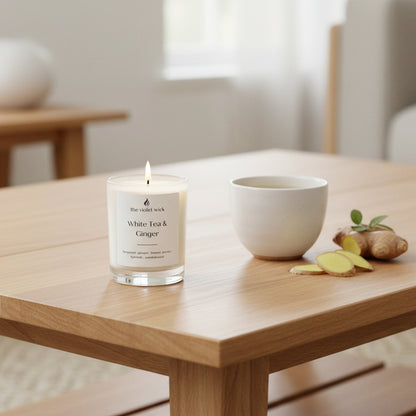small white candle jar on a coffee table with cup of tea and sliced ginger
